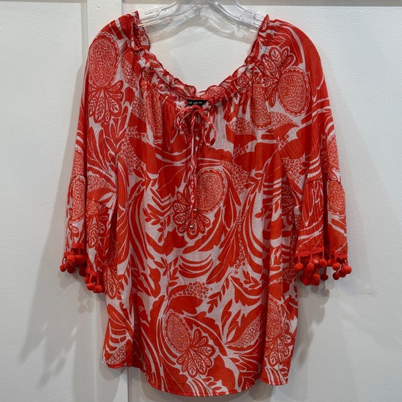 Unique Spectrum Tops - Unique Spectrum Red Floral Peasant Blouse with Pom Trim